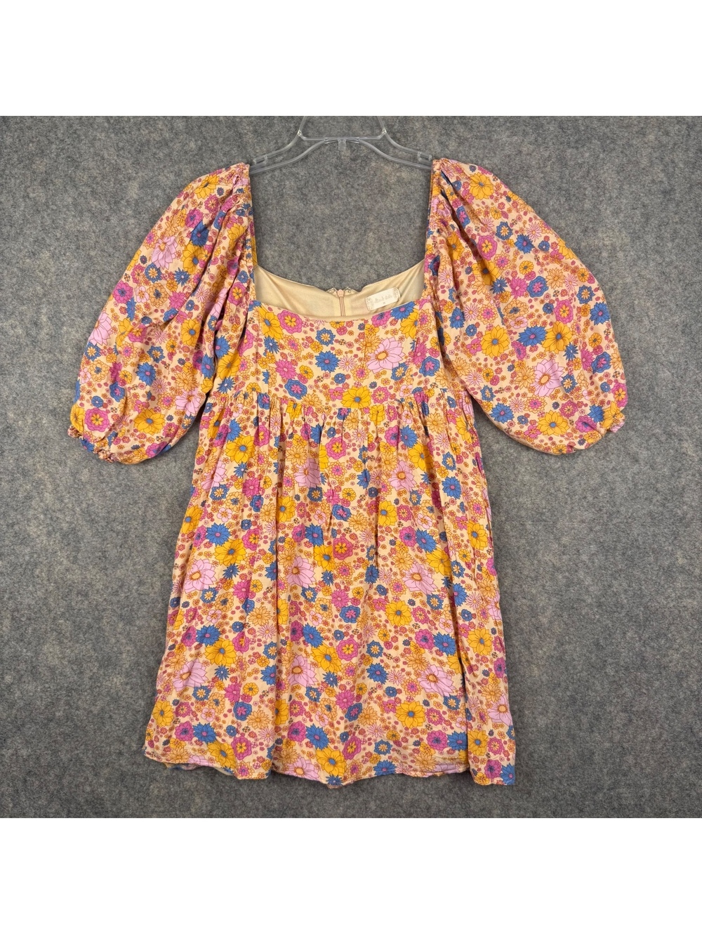Altar’d State Floral Babydoll Puff Sleeve Dress Yellow Pink Blue Size Medium 686